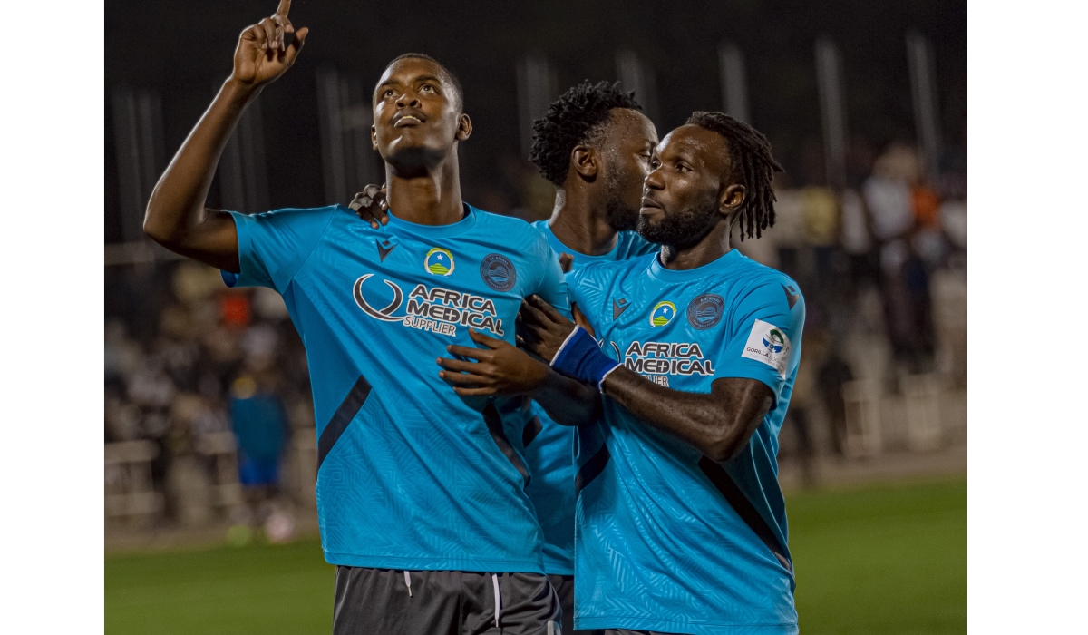 Striker Prince Rudasingwa points to the skies after scoring the opening goal for AS Kigali in Tuesday&#039;s 1-1 draw against APR FC-courtesy