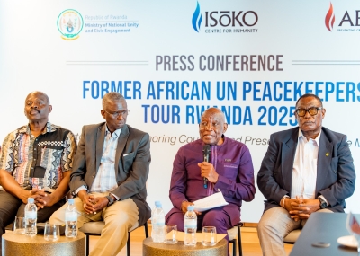 Former UN peacekeepers in Rwanda addresses journalists during a news conference at Zaria Court in Kigali  on Wednesday, August 20. Courtesy