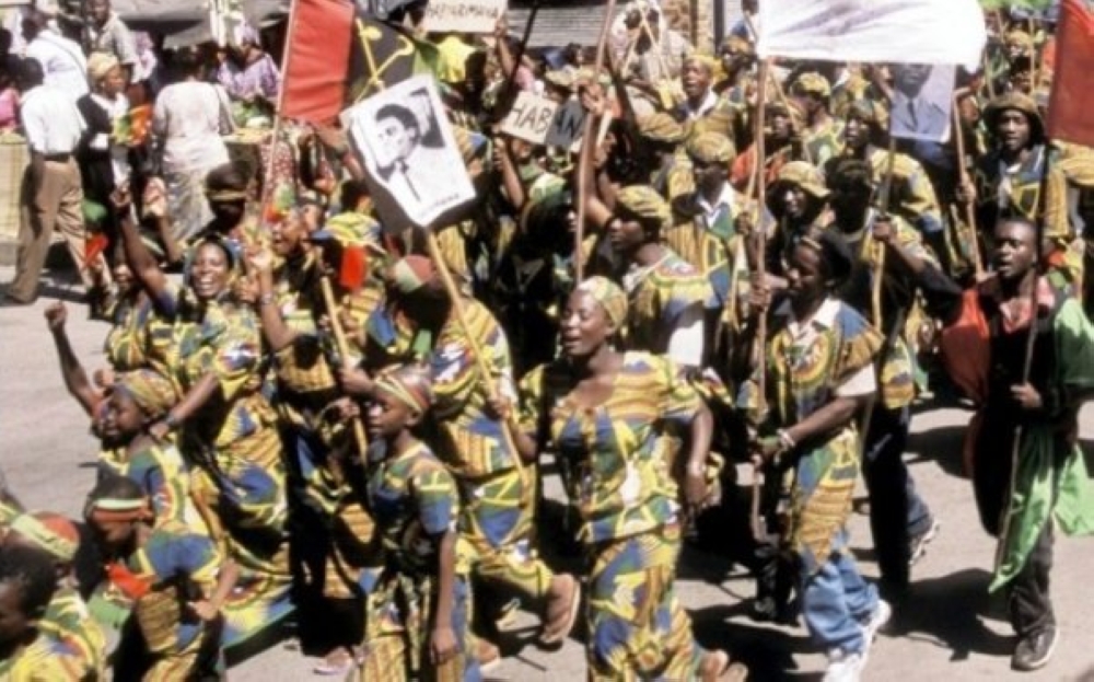 Members of Interahamwe during a march in 1990s. In 1992, violence against the Tutsis was concentrated in Kibuye prefecture.