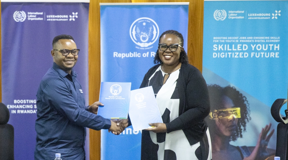 The Permanent Secretary, Yves Iradukunda and , Caroline Khamati Mugalla., the ILO’s Director for Tanzania, Burundi, Kenya, Rwanda, and Uganda during the signing event in Kigali on Tuesday, August 19. Dan Gatsinzi