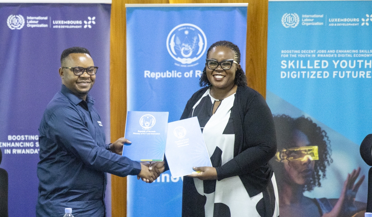 The Permanent Secretary, Yves Iradukunda and , Caroline Khamati Mugalla., the ILO’s Director for Tanzania, Burundi, Kenya, Rwanda, and Uganda during the signing event in Kigali on Tuesday, August 19. Dan Gatsinzi