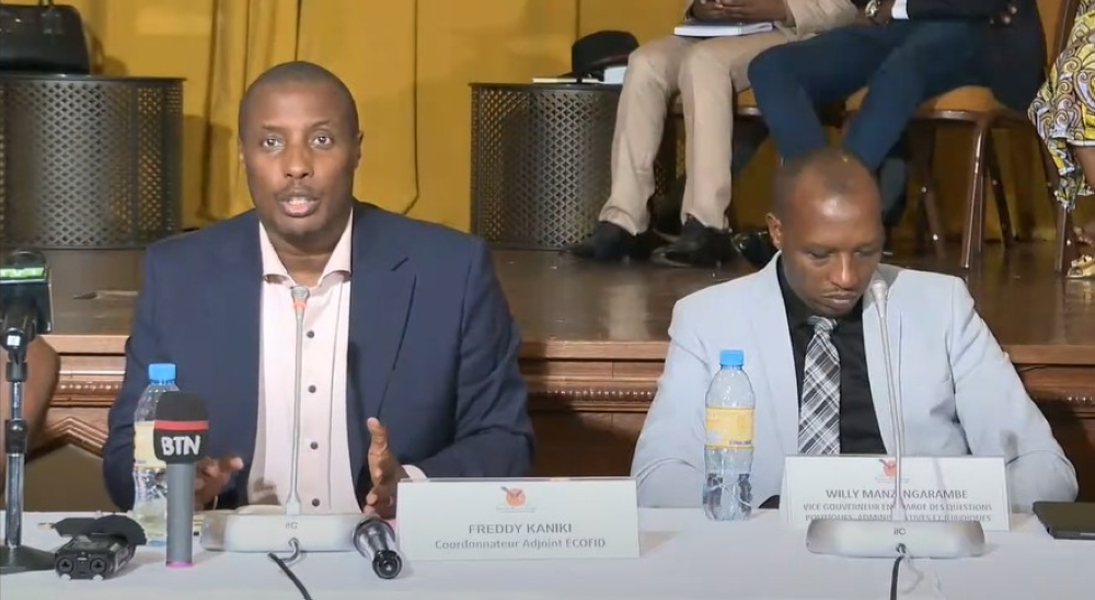 Freddy Kaniki, the AFC/M23 deputy coordinator in charge economic affairs (L) and Willy Manzi, Vice Governor of North Kivu province address media in Goma on Friday, August 22. COURTESY