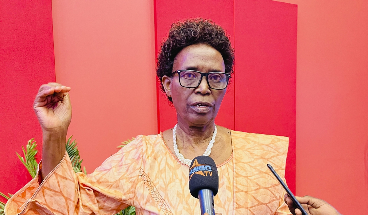 Dorothée Uwimana, chairperson of the Rwanda Pensioners&#039; Association, speaks to journalists  in January 2023. Photo by Emmanuel Ntirenganyay