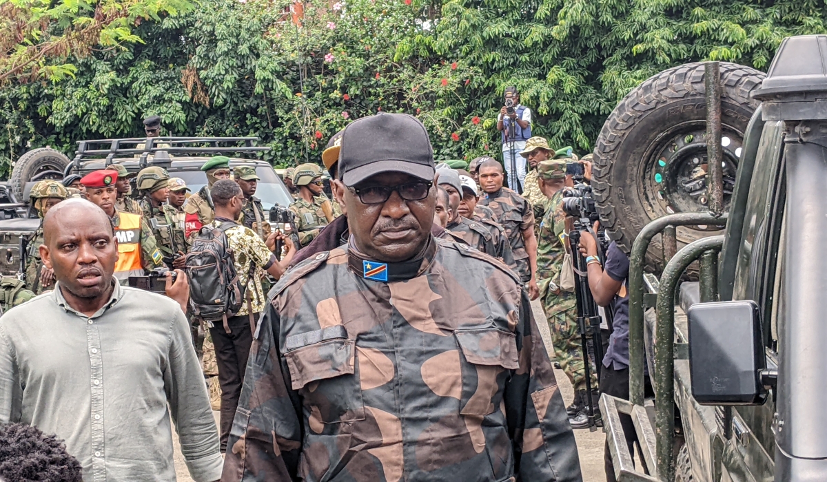 Brig Gen Ezechiel Gakwerere of the genocidal militia FDLR and some  members captured by M23 at the handover event in Rubavu District on March 1. Photo Germain Nsanzimana