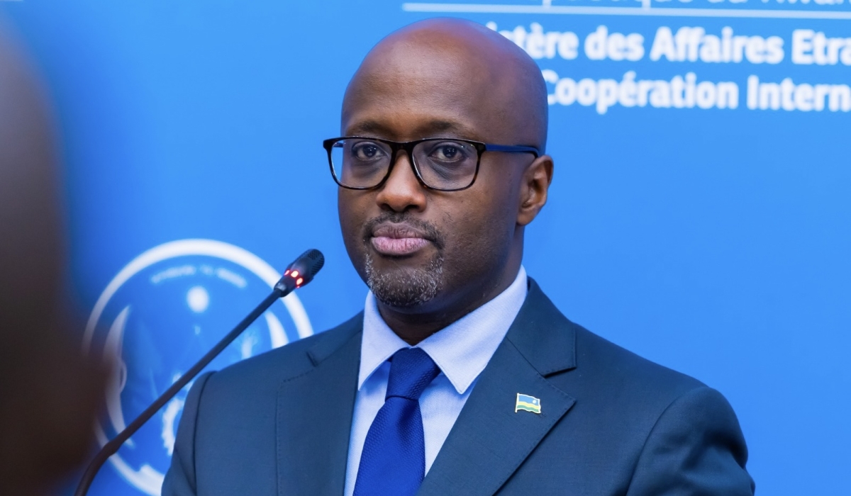 The Ministry of Foreign Affairs and International Cooperation Olivier Nduhungirehe  speaks to journalists during a press conference. Courtesy