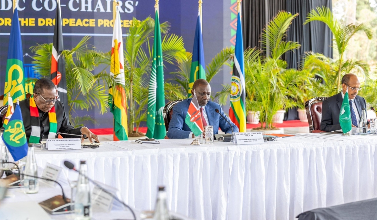 Mnangagwa (Left), along with  Kenya President William Ruto, and AUC Chairperson Mahmoud Youssouf attending the SADC-EAC meeting on the DR Congo crisis in early August.