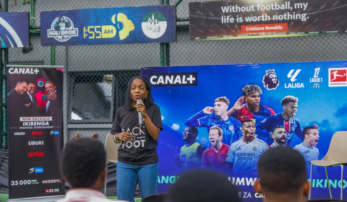Sophie Tchatchoua, the Managing Director of CANAL+ Rwanda addresses journalists during the launch of  its latest promotion, “Back to Football” on Friday, August 22. Photos by Craish Bahizi