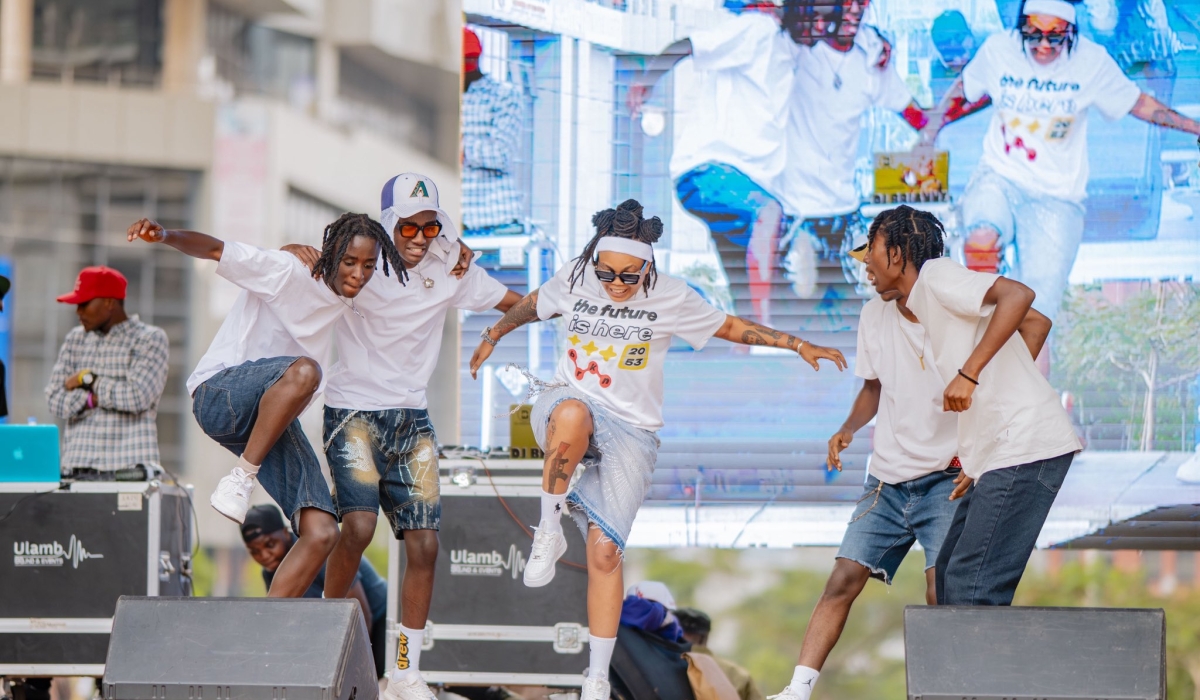 DJ Briane (c) joins a dancing crew during the 4th edition of Kigali Youth Festival, that was a good space for youths to showcase theIr talents on Friday, August 22
