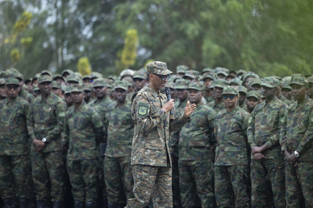 President  Kagame, briefs over 6,000 officers during the closing of military career courses at Gabiro Combat Training Center on Monday, August 25. Village Urugwiro