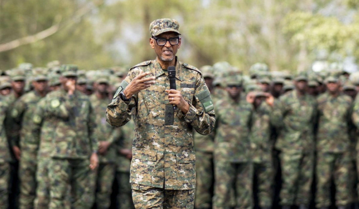 President Paul Kagame, Commander-in-Chief of the Rwanda Defence Force, addresses more than 6,000 officers during the closing of military career courses at Gabiro Combat Training Center on Monday, August 25.
