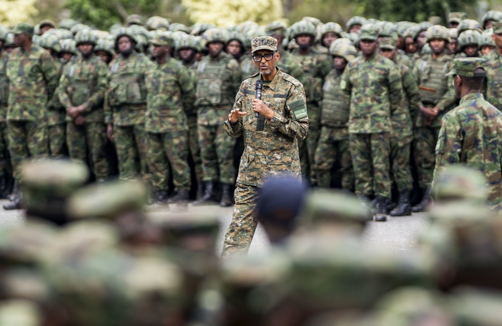 President Paul Kagame, Commander-in-Chief of the Rwanda Defence Force, addresses more than 6,000 officers during the closing of military career courses at Gabiro Combat Training Center on Monday, August 25. Photos by Village Urugwiro