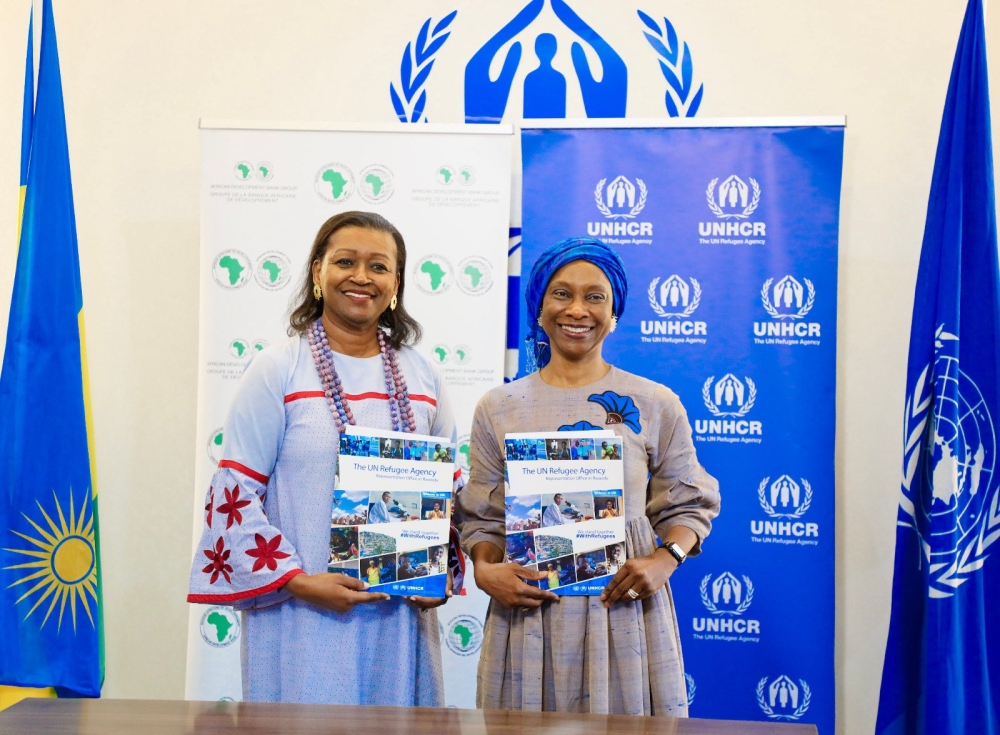 Ndèye Aissatou Masseck Ndiaye, UNHCR Representative in Rwanda,(L) and Aïssa Touré Sarr, AfDB Country Manager in Rwanda  at the signing ceremony on Monday August 25. Courtesy