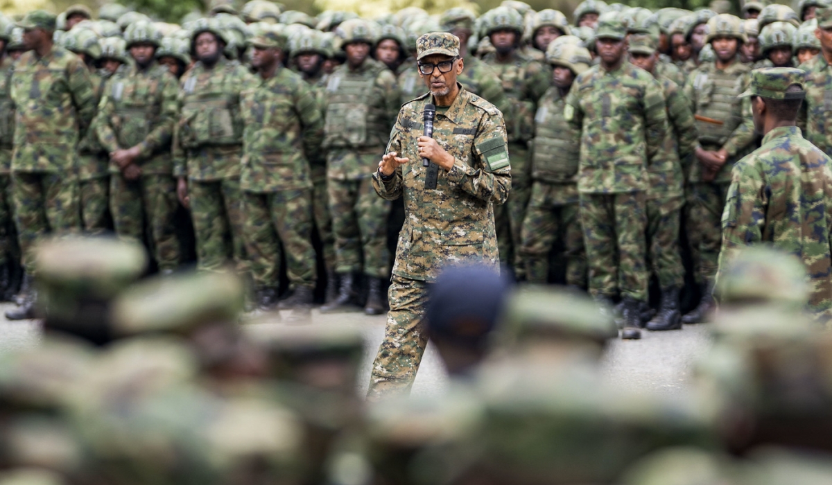 President Paul Kagame, Commander-in-Chief of the Rwanda Defence Force, addresses more than 6,000 officers during the closing of military career courses at Gabiro Combat Training Center on Monday, August 25. Photos by Village Urugwiro