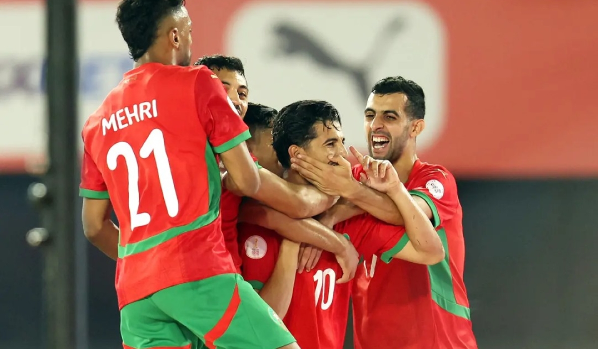 Morocco star Sabir Bougrine celebrates goal with teammates during the 2024 CHAN semifinal against Senegal on Tuesday night-courtesy