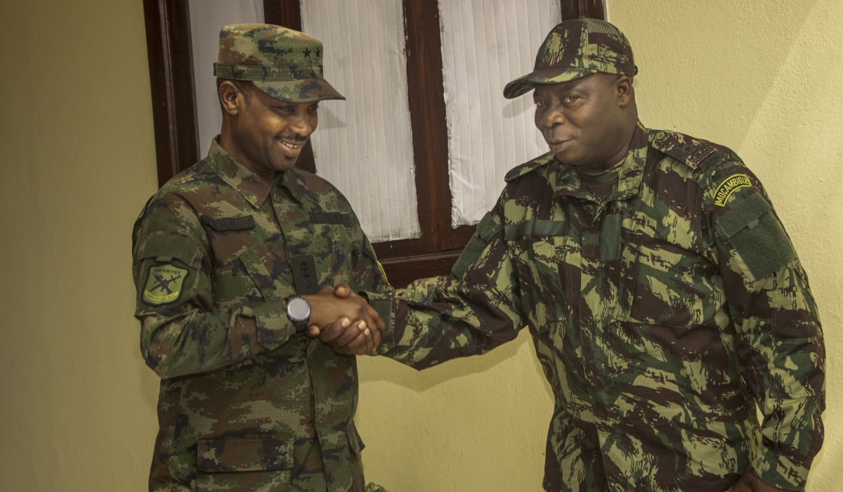 Rwanda Security Force (RSF) Joint Task Force Commander, Maj Gen Emmy Ruvusha meets with Mozambican Armed Forces (FADM) Army Commander, Maj Gen Andre Rafael Mahunguane, in Cabo Delgado  on Wednesday, August 27.