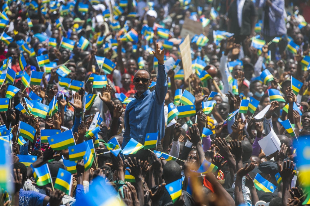 President Paul Kagame greets thousands of residents during his outreach in Ruhango District on August 25, 2022. File