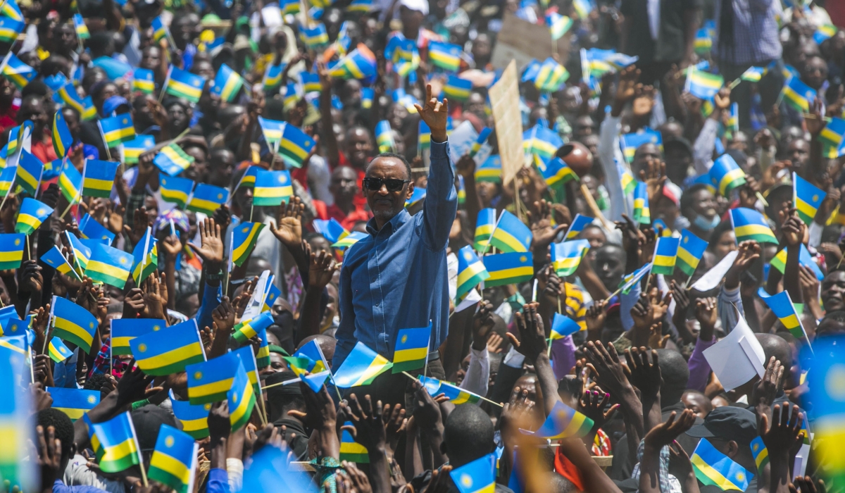 President Paul Kagame greets thousands of residents during his outreach in Ruhango District on August 25, 2022. File