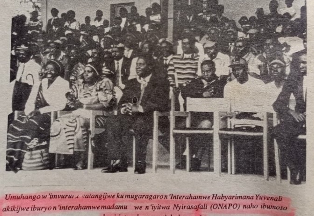 Agathe Kanziga (second from left) seen here in a photo clad in Interahamwe attire sitting next to her husband, then President Juvenal Habyarimana during a rally in the then Ruhengeri Prefecture (presently Musanze District) on November 15 1992.
 