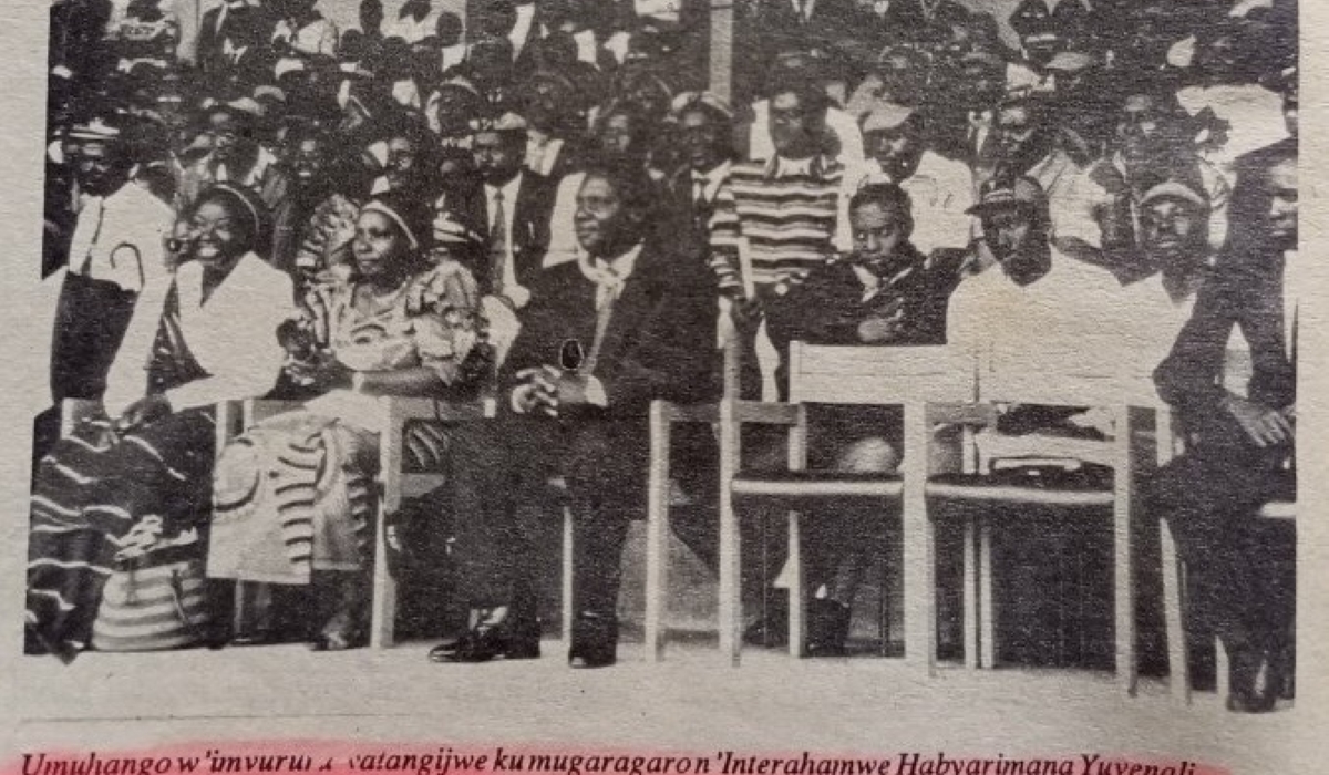 Agathe Kanziga (second from left) seen here in a photo clad in Interahamwe attire sitting next to her husband, then President Juvenal Habyarimana during a rally in the then Ruhengeri Prefecture (presently Musanze District) on November 15 1992.
 