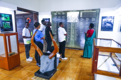 Visitors explore the museum in Nyanza, which showcases the legacy of King Mutara III Rudahigwa and Rwanda’s path to self-reliance. Photo by Craish Bahizi