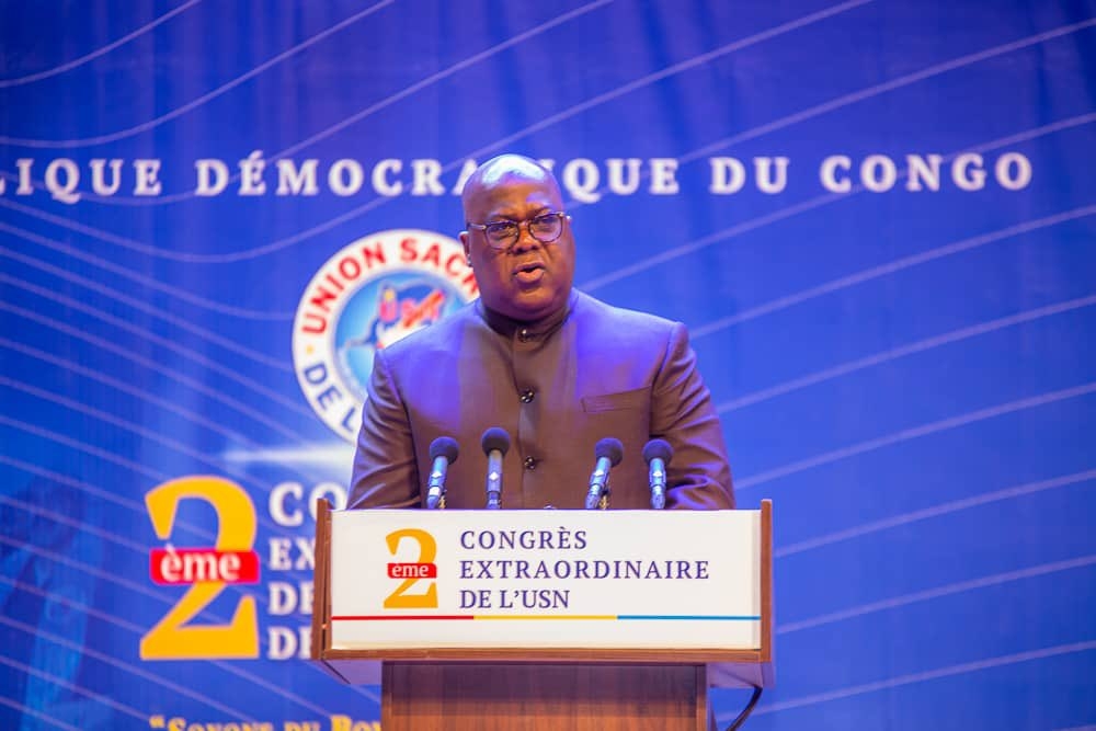 DR Congo President Felix Tshisekedi speaks at a the congress of the ruling coalition Union Sacree in Kinshasa on Saturday, August 30.