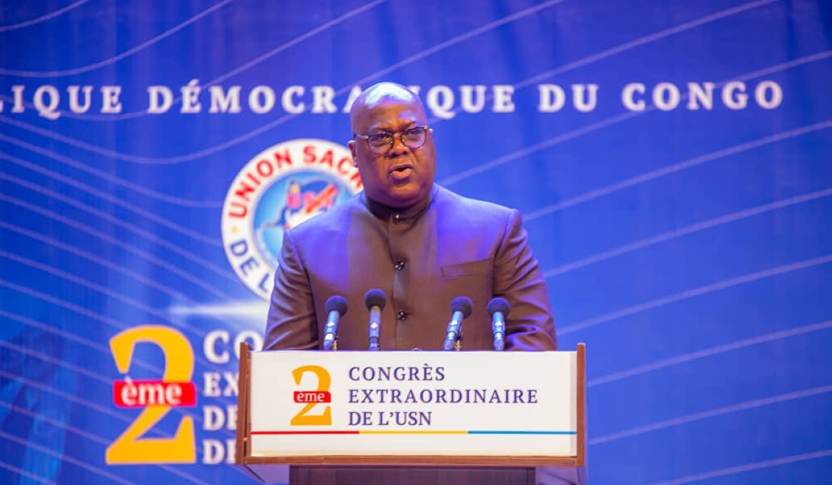 DR Congo President Felix Tshisekedi speaks at a the congress of the ruling coalition Union Sacree in Kinshasa on Saturday, August 30.