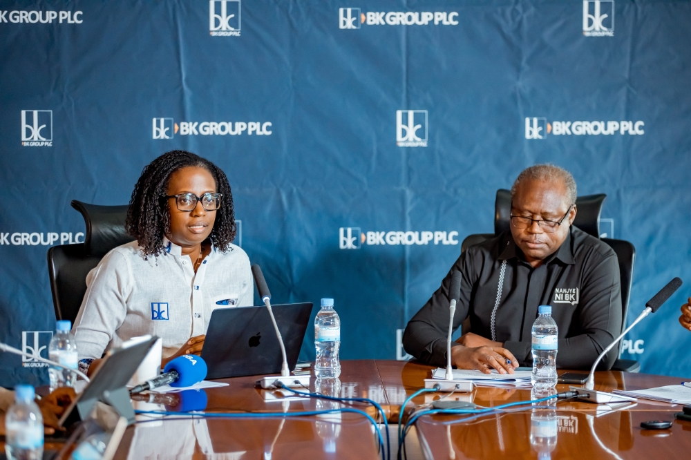 Dr Diane Karusisi, CEO of Bank of Kigali and BK Group boss Uzziel Ndagijimana during the presentation of the results on August 29. Courtesy