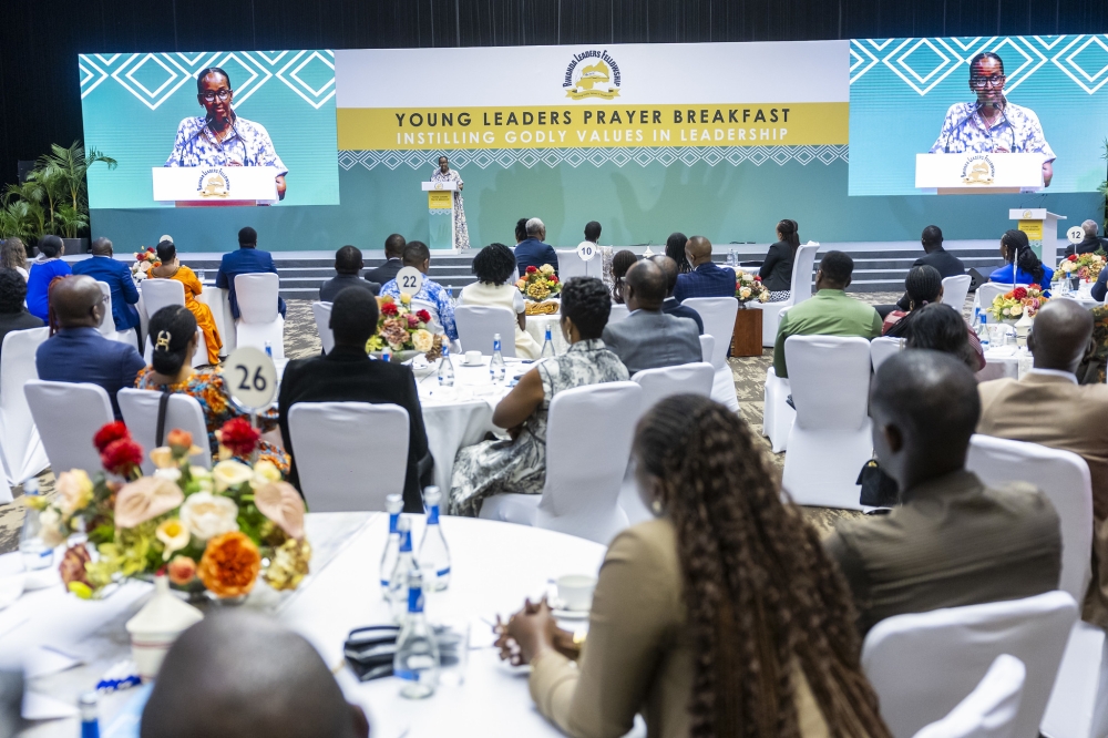 First Lady Jeannette Kagame addresses over 600 delegates during the Young Leaders Prayer Breakfast on Sunday, August 31. Photo by Olivier Mugwiza