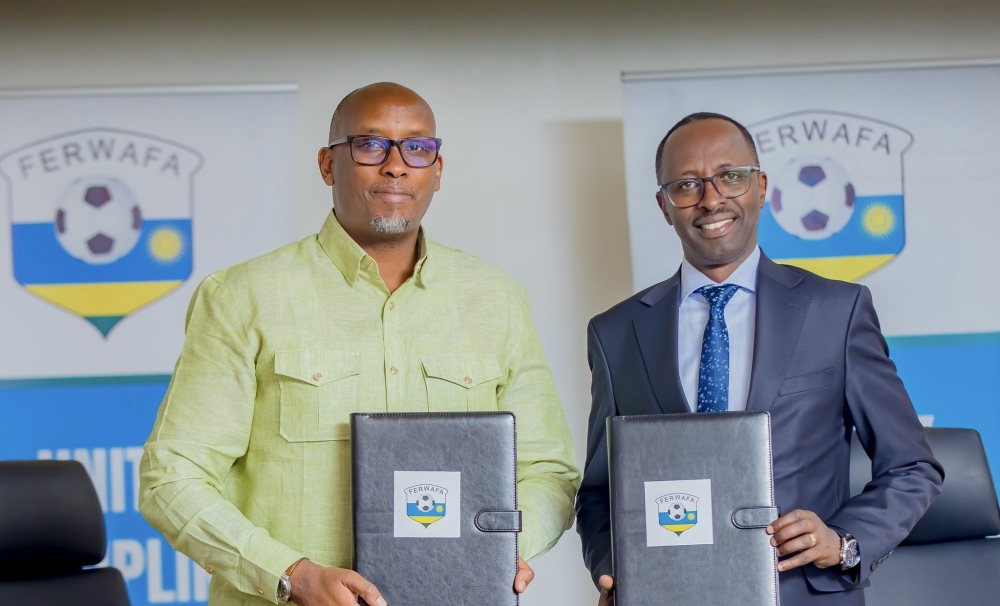 New FERWAFA president Fabrice Shema took over from outgoing Alphonse Munyantwali (R) who has been in office since June 2023-courtesy