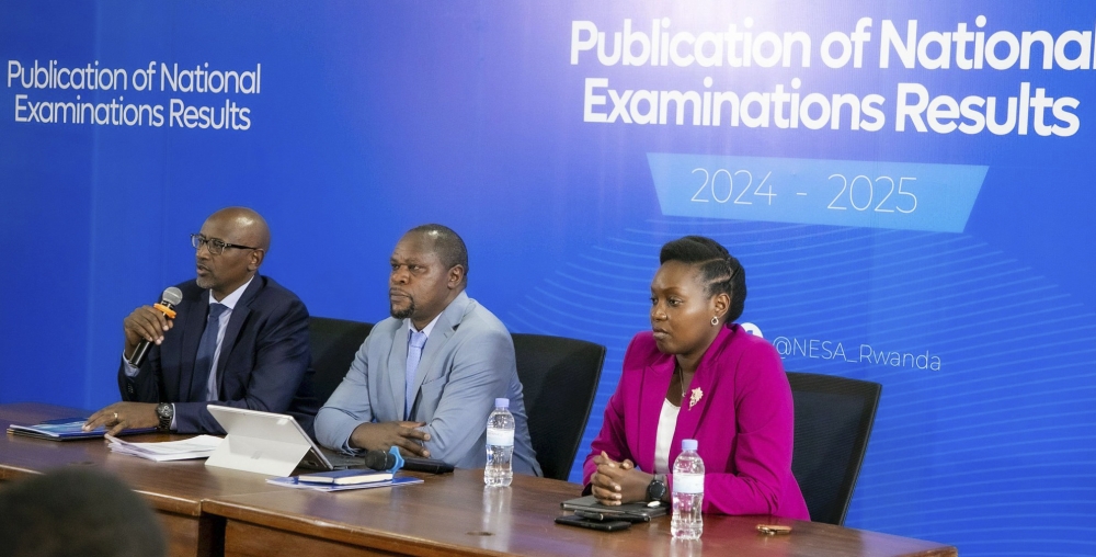 Minister of Education Joseph Nsengimana, NESA Director General Bahati and State Minister Claudette Irere during the release of the National Examination results on September 1.