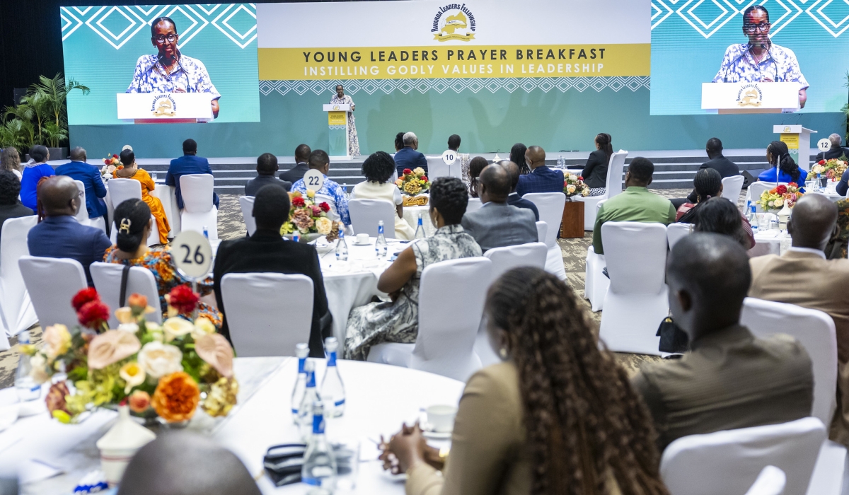 First Lady Jeannette Kagame addresses over 600 delegates during the Young Leaders Prayer Breakfast on Sunday, August 31. Photo by Olivier Mugwiza