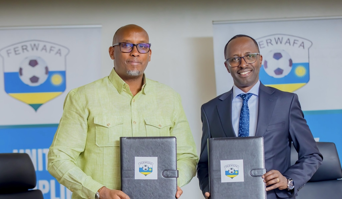 New FERWAFA president Fabrice Shema took over from outgoing Alphonse Munyantwali (R) who has been in office since June 2023-courtesy