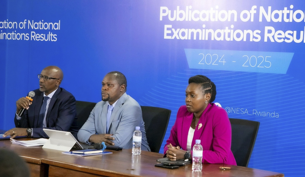 Minister of Education Joseph Nsengimana, NESA Director General Bahati and State Minister Claudette Irere during the release of the National Examination results on September 1.