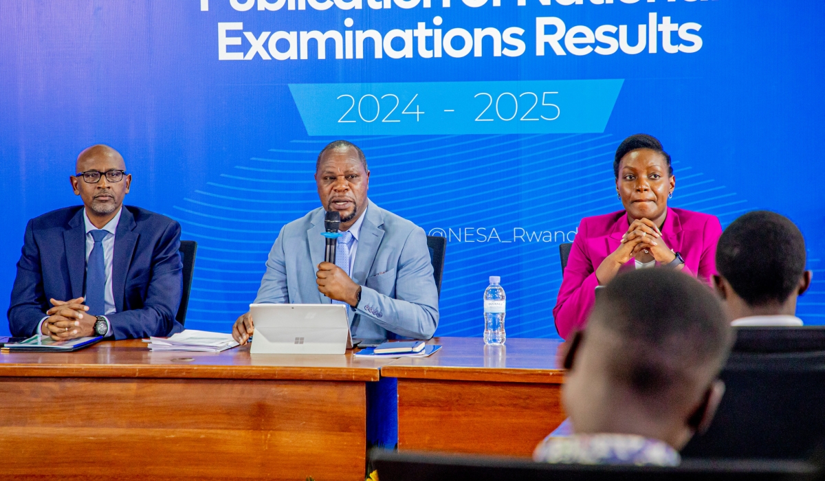 L-R: Education minister Joseph Nsengimana, NESA Director General Bernard Bahati and State Minister Claudette Irere during the release of the National
Examination results on September 1. Photo: Kellya Kez