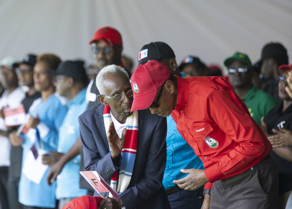 Ananias Bizima interacts with President Kagame at RPF Inkotanyi campaign rally in Kirehe on July 2, 2024. Photo by Olivier Mugwiza