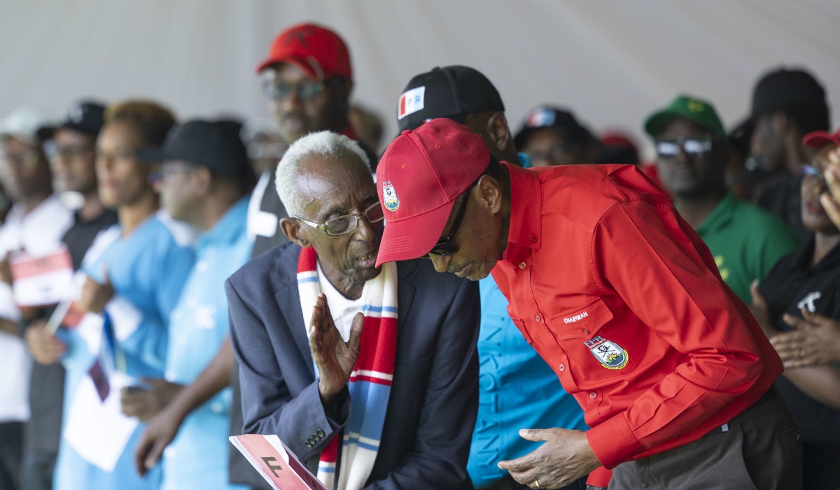 Ananias Bizima interacts with President Kagame at RPF Inkotanyi campaign rally in Kirehe on July 2, 2024. Photo by Olivier Mugwiza