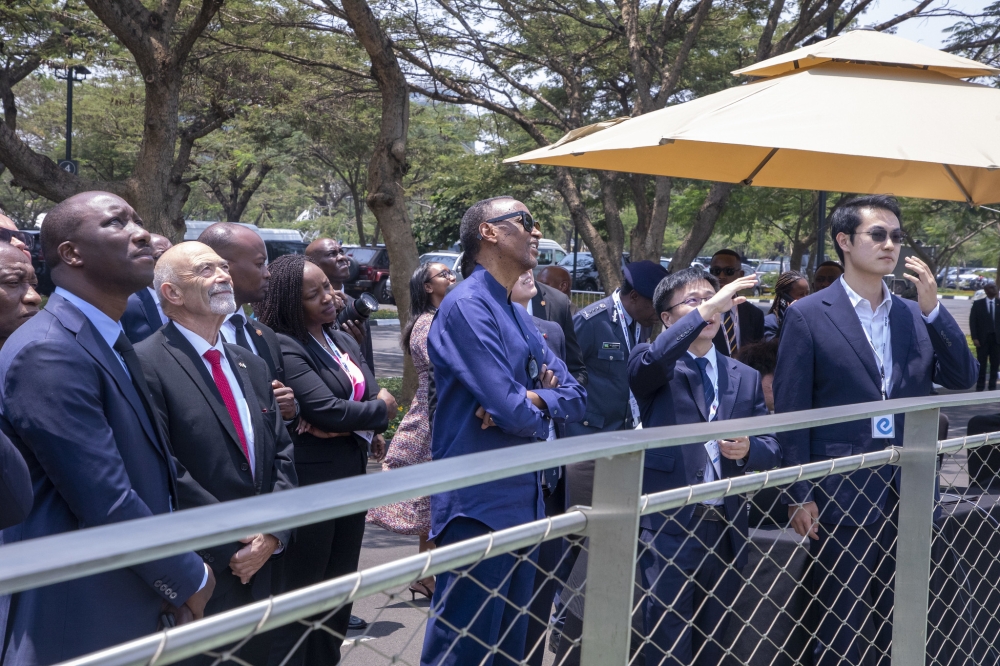 President Paul  Kagame and other senior delegates observe  the launch of Africa’s first public flight of a self-flying electric air taxi in Kigali on Thursday, September 4. Photos by Craish BAHIZI