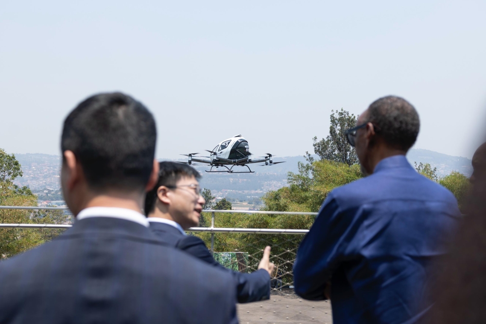 President Paul  Kagame and other senior delegates observe  the launch of Africa’s first public flight of a self-flying electric air taxi in Kigali on Thursday, September 4. 