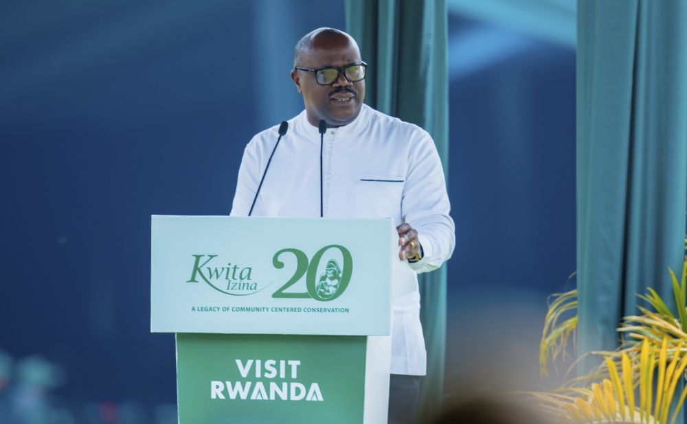 Prime Minister Justin Nsengiyumva delivers his remarks during the 20th Kwita Izina  ceremony in Kinigi, Musanze District on September 5. 