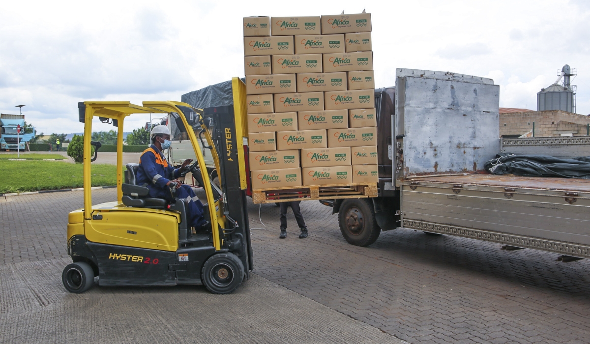 Workers load some packages at ADMA RWANDA. Rwanda’s formal sector industrial output grew by 6.3 per cent in July 2025. Photos by Craish BAHIZI