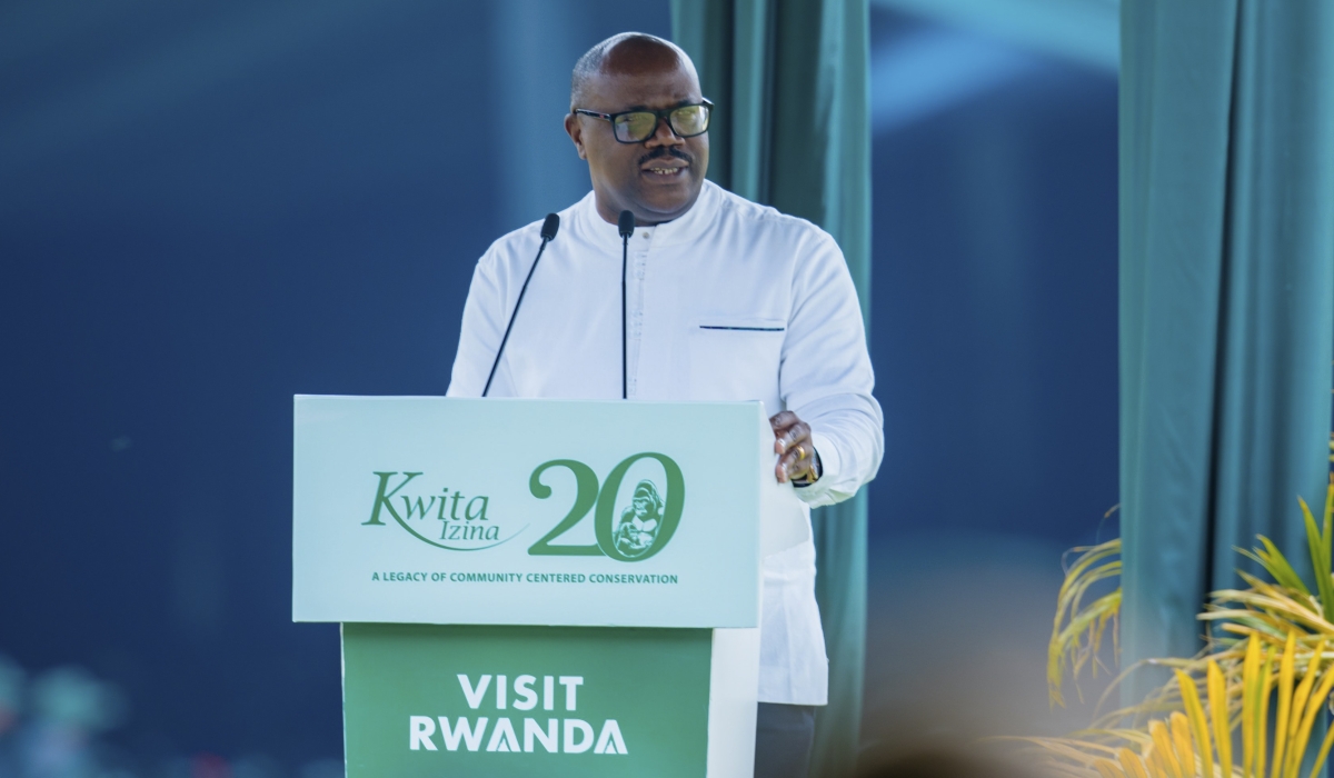 Prime Minister Justin Nsengiyumva delivers his remarks during the 20th Kwita Izina  ceremony in Kinigi, Musanze District on September 5. 