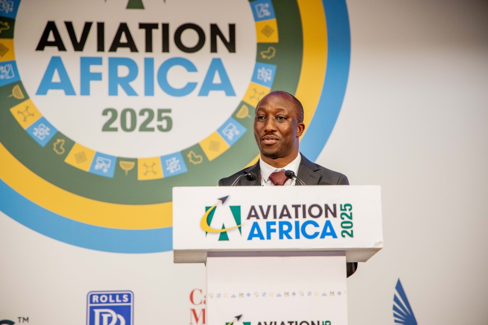 The Minister of Infrastructure, Jimmy Gasore, speaks at the session held at the Aviation Africa Summit, on September 5, 2025, in Kigali (courtesy)