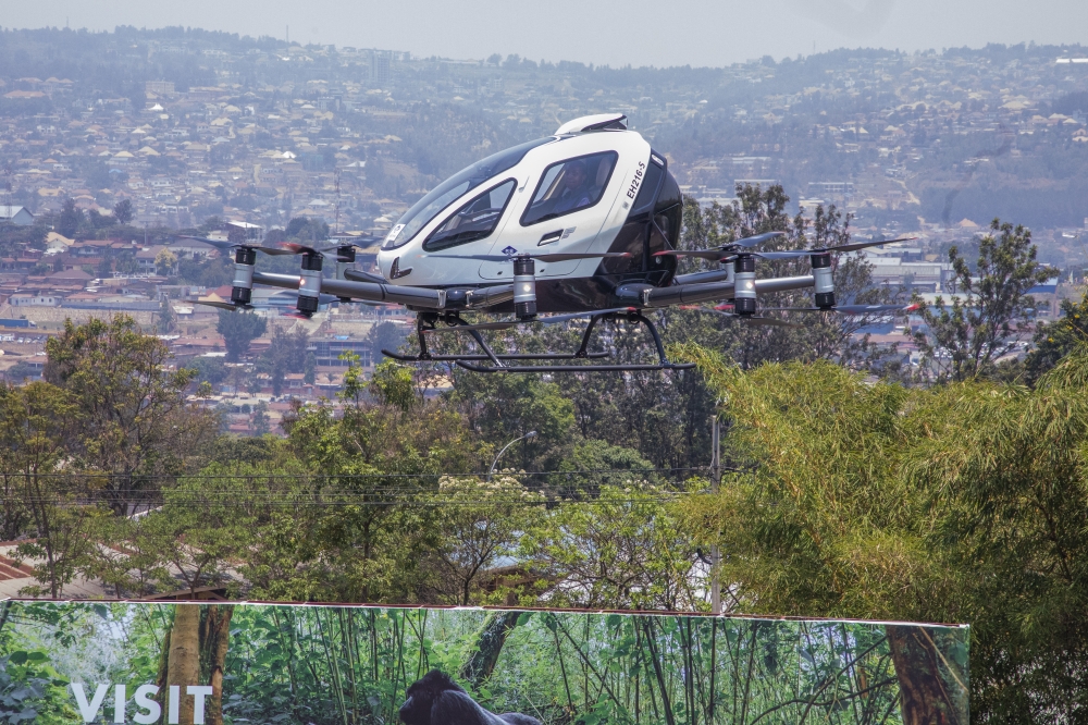 The self-flying electric air taxi takes to the sky during its launch at the Aviation Africa Summit, in Kigali, on September 4, 2025. (Craish Bahizi)