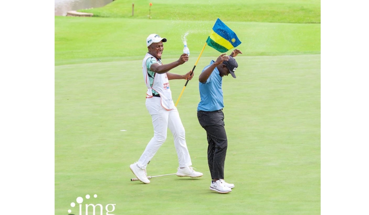 Rwandan golf star Celestine Nsanzuwera is joined by a fellow golfer in celebration of the SportsBiz Africa Golf Championship in Kigali-courtesy photos