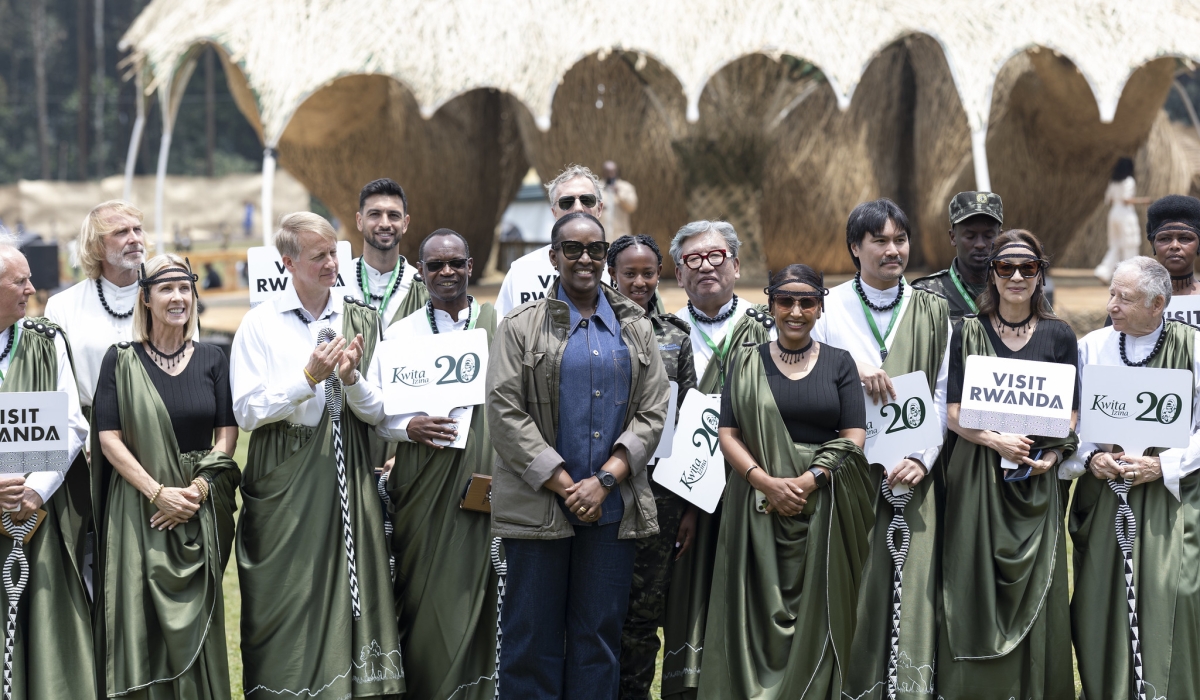 First Lady Jeannette Kagame and namers pose for a group photo at the 20th edition of Kwita Izina at Kinigi in Musanze on Friday, September 5. All photos by Dan Gatsinzi and Olivier Mugwiza
