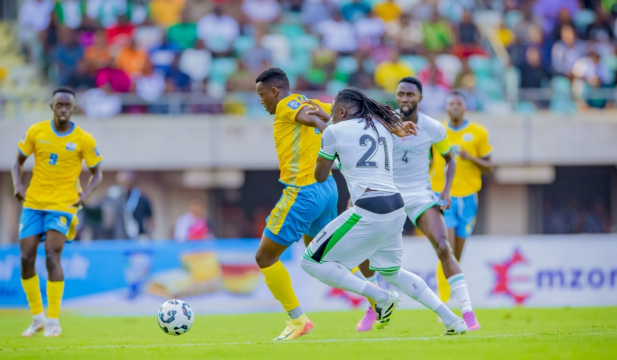 National team striker Innocent Nshuti wins the balls against Nigerians midfielder during the game. The Super Eagles defeated Rwanda 1-0 on Saturday, boosting their World Cup qualifying hopes