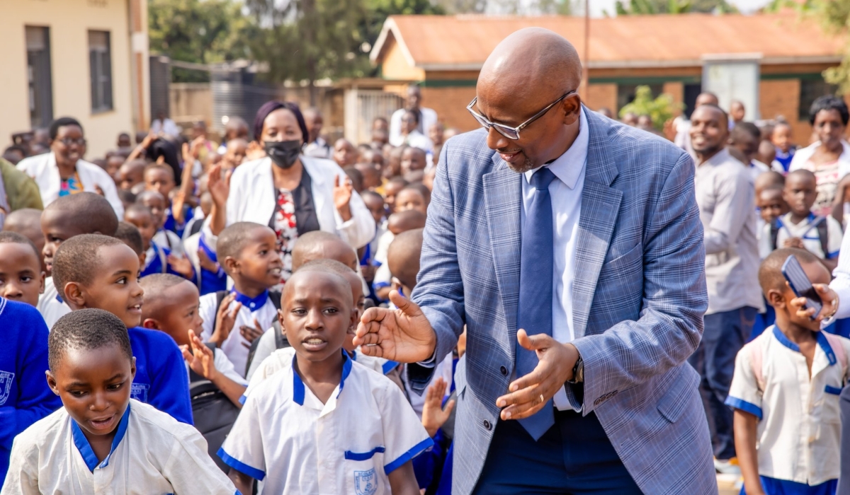 Education minister Joseph Nsengimana interacts with young learners at GS Kicukiro in the capital Kigali as schools across the country reopened for the 2025/26 academic year on Monday, September 8. 