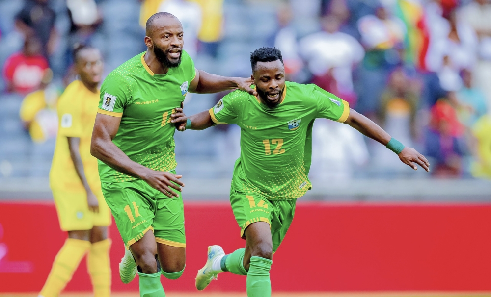Goal scorer Amavubi forward Gilbert Mugisha(R) celebrates the goal with his teammate as Rwanda to beat Zimbabwe 1-0 at Orlando Stadium in Johannesburg, South Africa, on Tuesday, September 6. Courtesy