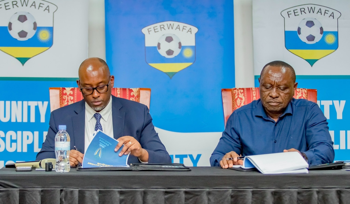 FERWAFA President Shema Ngoga Fabrice and RPL President Al Hadji Yussuf Mudaheranwa signed the Premier League regulations on September 11.