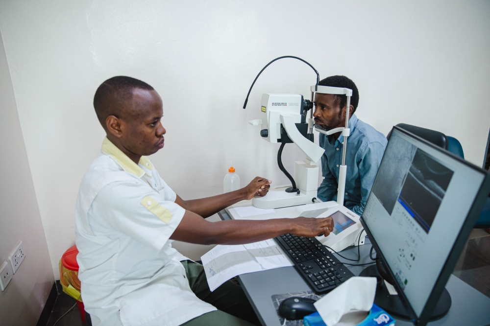A patient undergoes an eye screening at Rwanda Charity Eye Hospital in Kamonyi District. Photo by Willy Mucyo